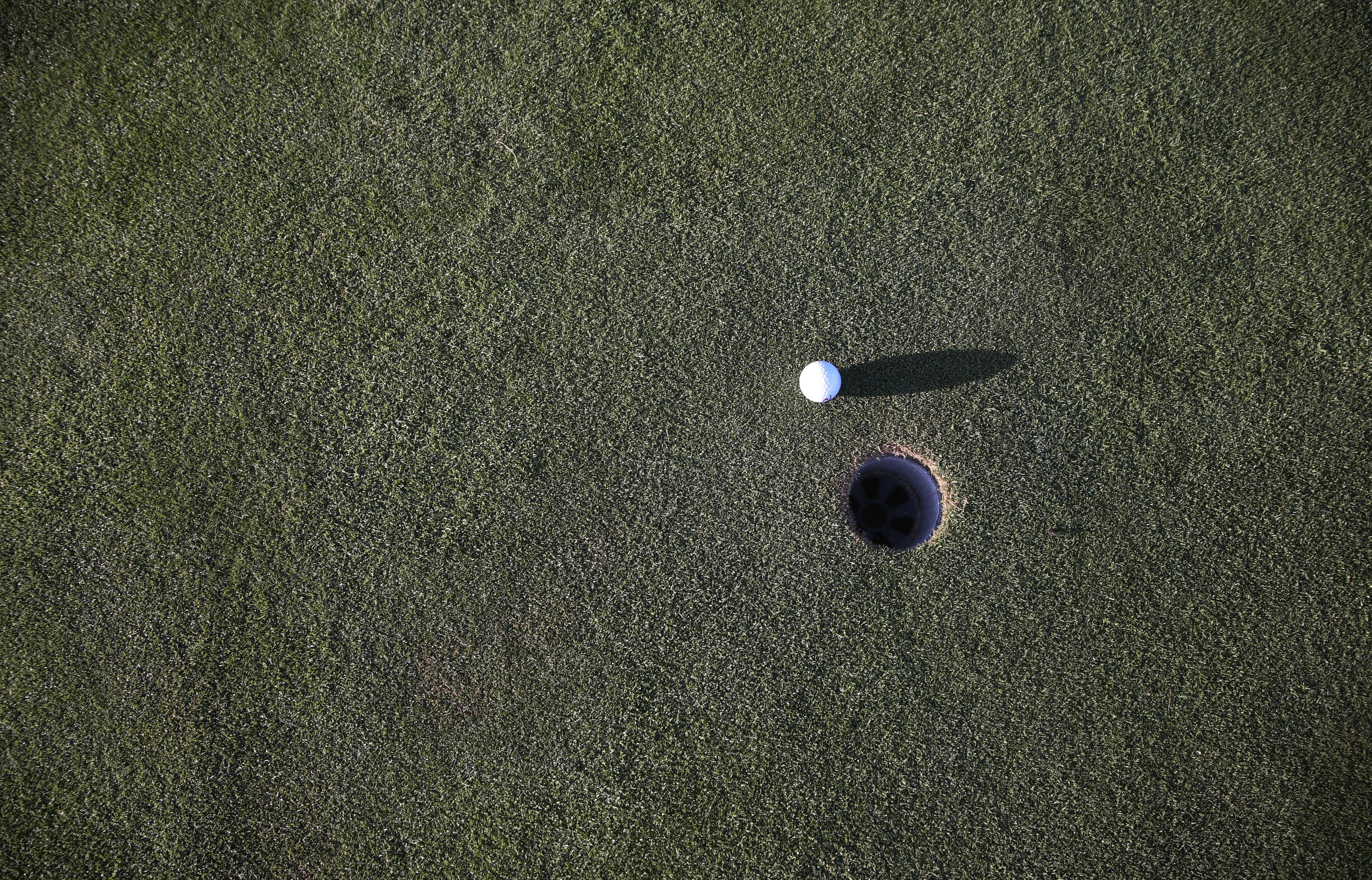 Image of golf ball on tee on grass.